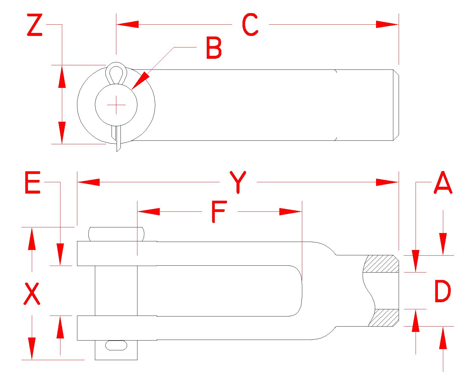 Stainless Steel Unthreaded Yoke End, S0113-U005, S0113-U007, S0113-U008, S0113-U010, S0113-U013, S0113-U016, S0113-U020, Line Drawing